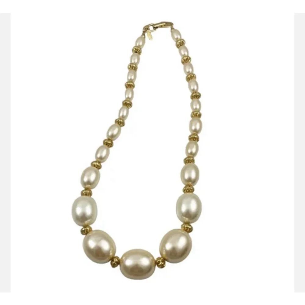 Vintage Napier Necklace Gold Tone Faux Pearl 18”